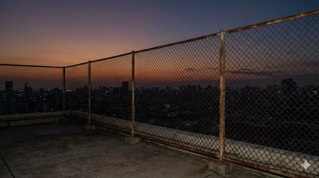 夕暮れ時のマンションの屋上。錆びついた高いフェンスが設置されており、その向こう側には薄暗くなり始めた空と街並みが広がっている。物語の重要な舞台となる、生と死の境界線を暗示する静謐な場所の風景写真。