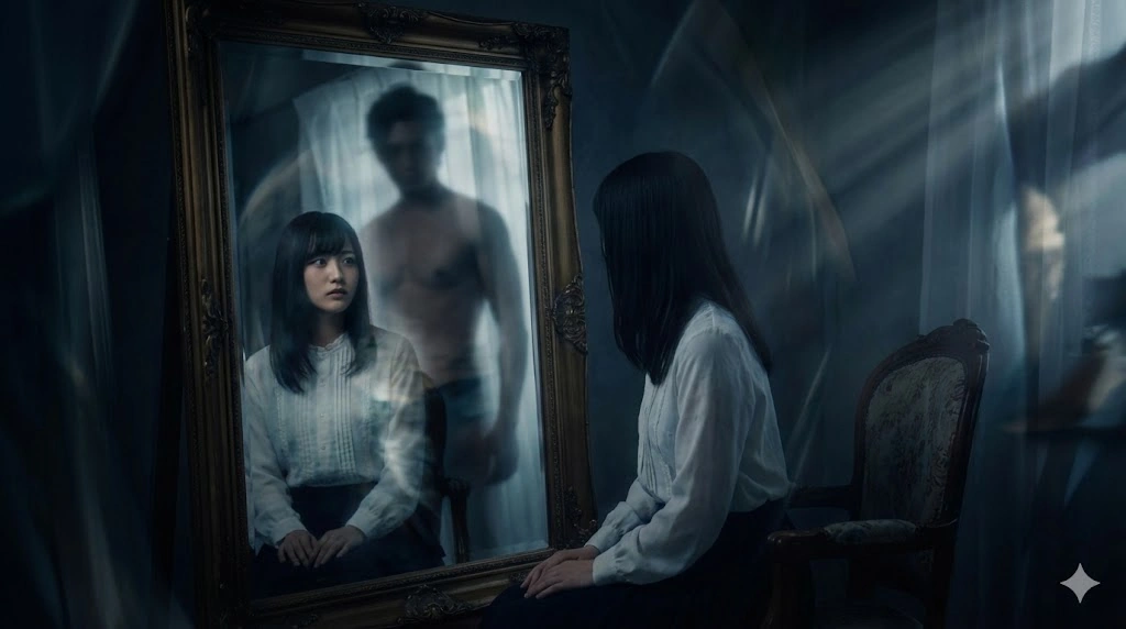 幻想的なイメージ画像。暗い部屋の中で、一人の若い日本人の女性が鏡を見つめている。鏡の中の彼女の姿は実物とは異なり、背後にぼんやりとした、しかし魅力的な人影のようなものが重なって見える。心理的な「死神」や「タナトス（死の欲動）」の誘惑を視覚化した抽象的な表現