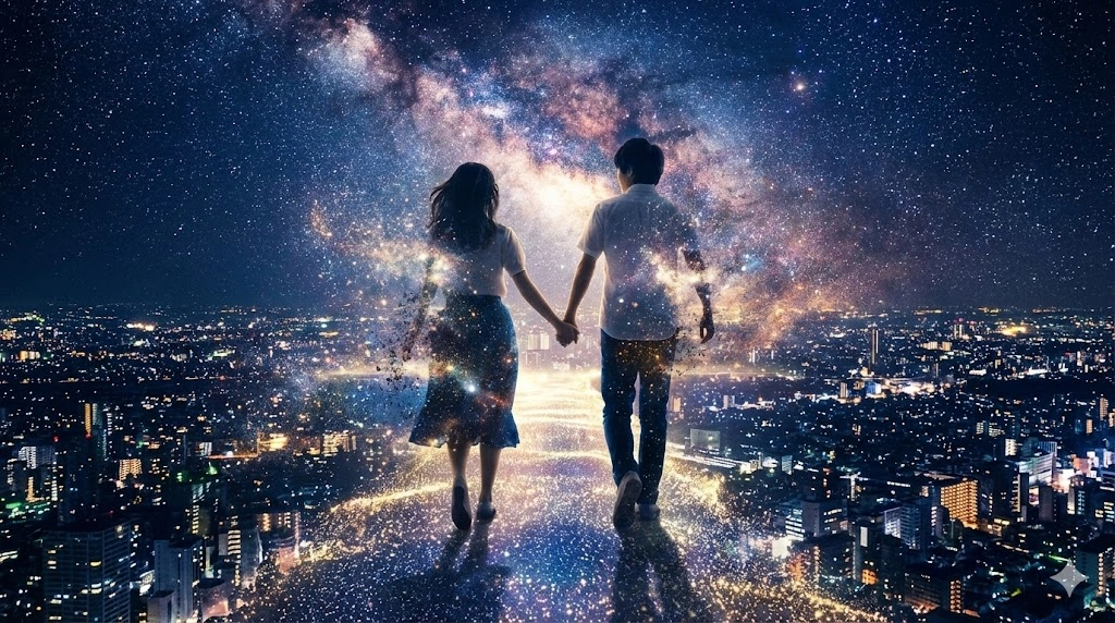 満天の星空と都市の夜景が一体となった幻想的な空間へ、手を繋いだ若い日本人の男女が駆け出していく後ろ姿。二人の体が光の粒子となって夜空に溶け始めており、悲劇的な結末の中にある解放感と、二人が「夜に溶けていく」様子を美しく表現したクライマックスのイメージ。