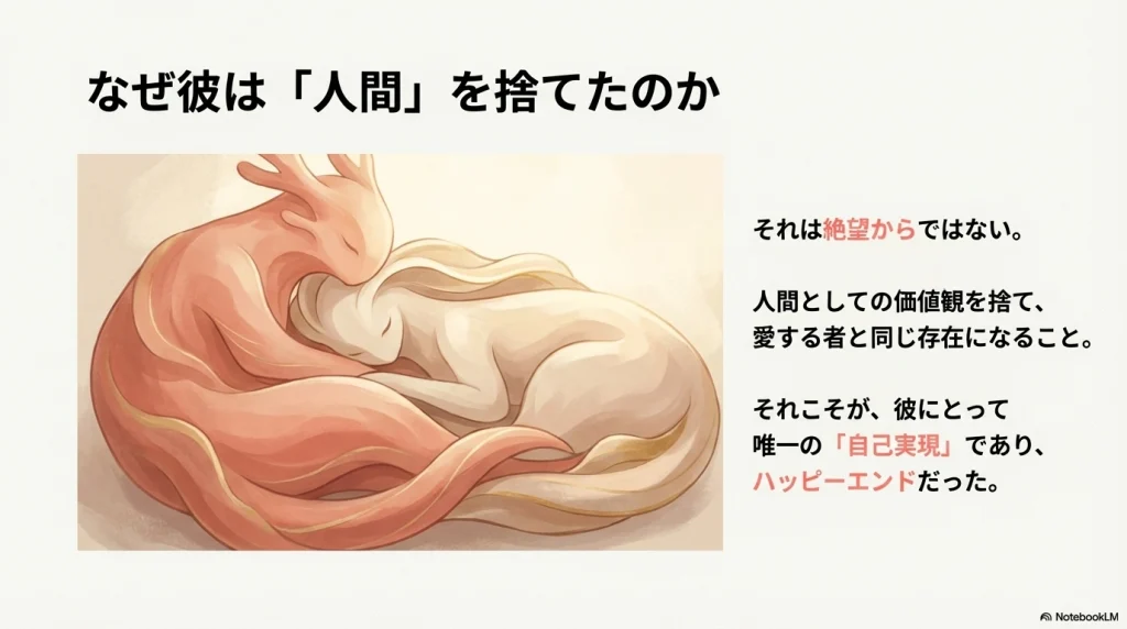 人間であることをやめピョコルンとなり、寄り添い合って眠る安らかなラストシーンのイメージ