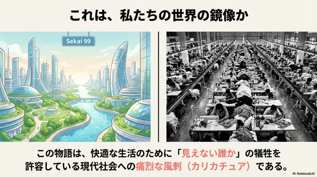 美しい未来都市の生活が、見えない場所での過酷な労働や犠牲の上に成り立っていることの対比図
