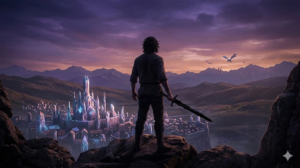 ダークソード小説の世界観をイメージした、魔法の都シムハランを見下ろす主人公ジョーラムと、魔力を吸収する黒い剣の壮大な風景。