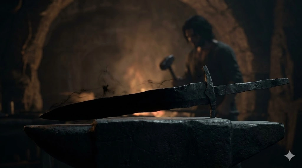 魔法を吸収する力を持つ禁断の鉱石から、主人公ジョーラムが「ダークソード（暗黒の剣）」を鍛え上げている、薄暗い鍛冶場の様子。