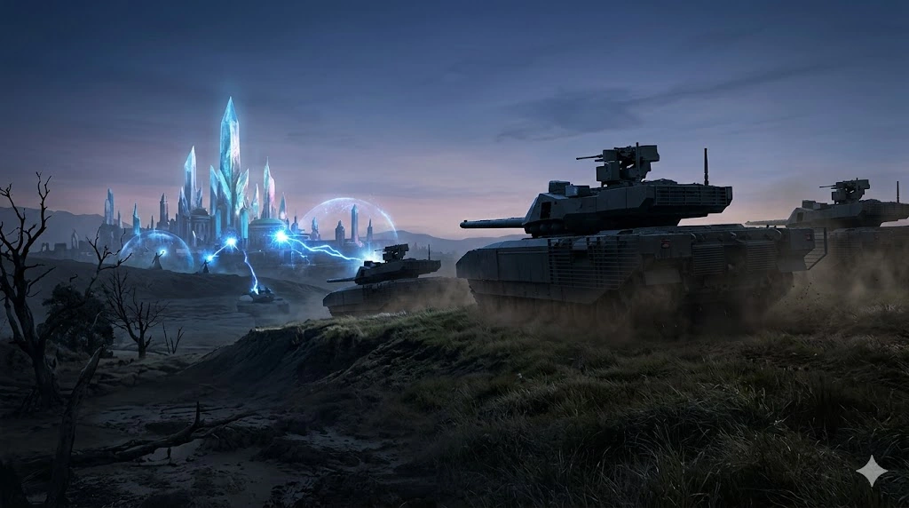 魔法世界シムハランに突如として現れた、近代兵器であるレーザー砲搭載戦車群（鉄の化物）が侵攻する、衝撃的な光景。