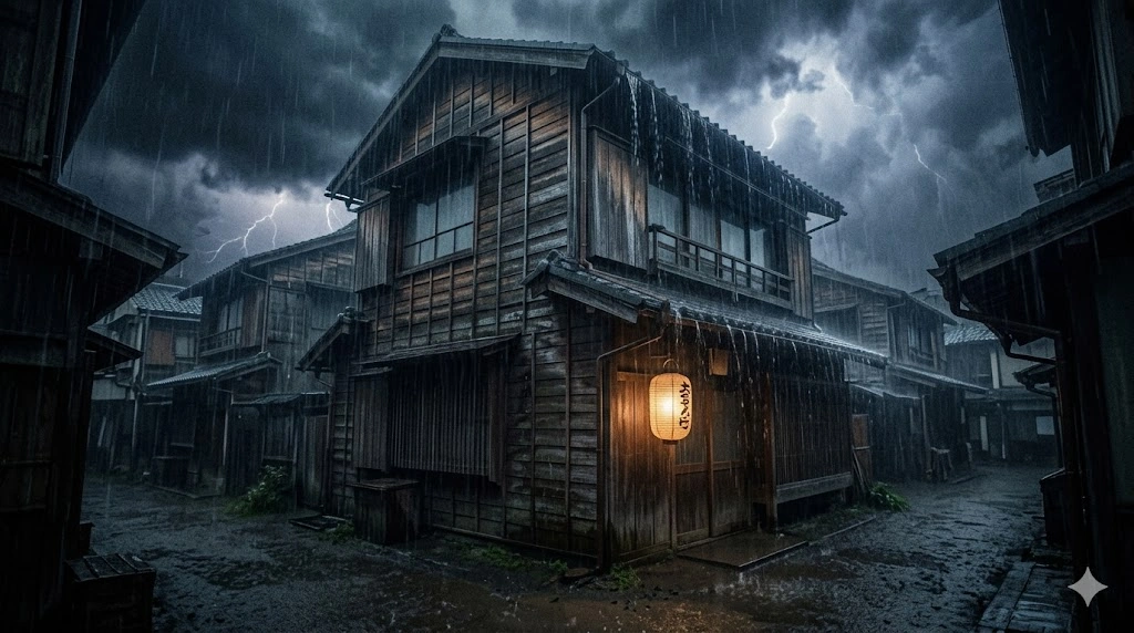 昭和49年の佃島をイメージした、大雨の降る嵐の夜に、1軒の伝統的な日本家屋が静かに佇む不穏でミステリアスな雰囲気の広角画像。