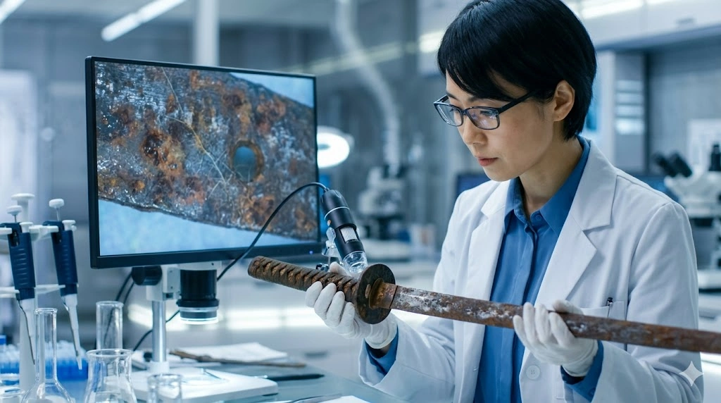 令和の最新科学捜査研究所にて、女性科学者が慎重に錆びた日本刀をデジタル顕微鏡で解析し、付着した微細な証拠を発見しようとしている、クリーンで精密な雰囲気の広角画像。