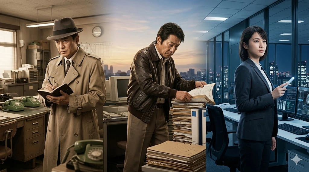 昭和、平成、令和の三世代にわたる日本の刑事たちが、それぞれの時代遅れの捜査方法（アナログな捜査ノート、膨大な資料、最新のデジタル解析）を駆使し、執念を持って事件を追う姿を描いた、映画のようなコンポジット画像。