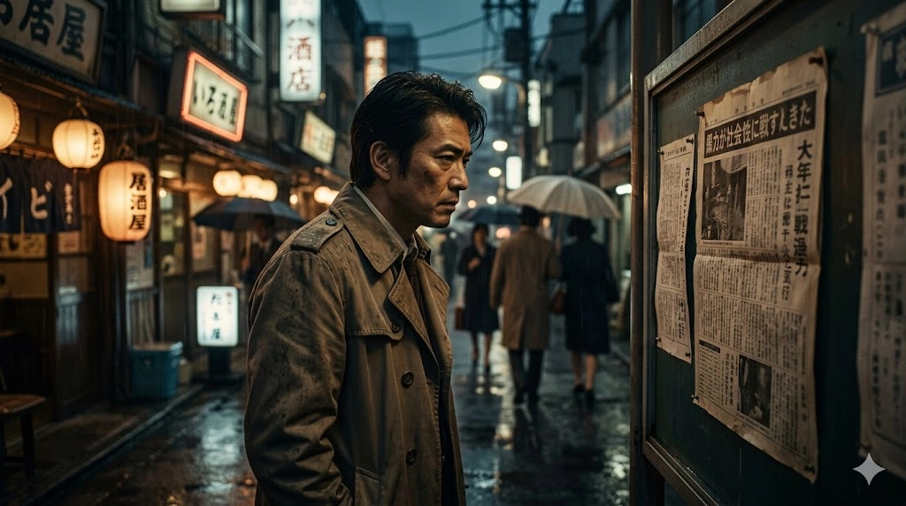 1970年代の昭和の日本。雨の降る夜の東京の街角で、トレンチコート姿の日本人刑事が、当時の社会情勢を伝える古びた新聞記事を真剣な面持ちで見つめている、ミステリアスでノスタルジックな雰囲気の広角画像。