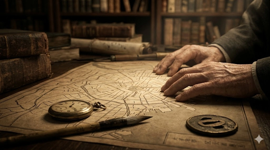 古い書物が並ぶ薄暗い書斎で、老人の手が古地図、懐中時計、筆、そして日本刀の鍔（つば）に触れながら、過去の謎に思いを馳せている、歴史的で深みのある広角画像。