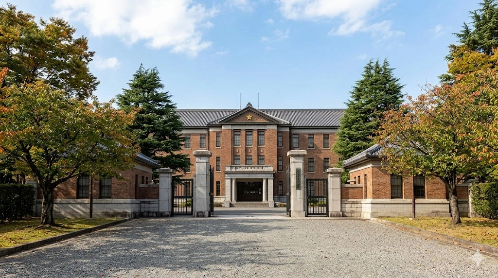 秋晴れの日、厳かな雰囲気が漂う日本の警察学校の正門とレンガ造りの校舎。