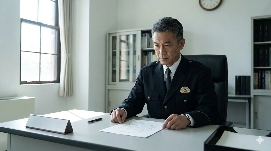 警察学校の執務室で、真剣な面持ちでデスクの書類を見つめる風間公親教官。