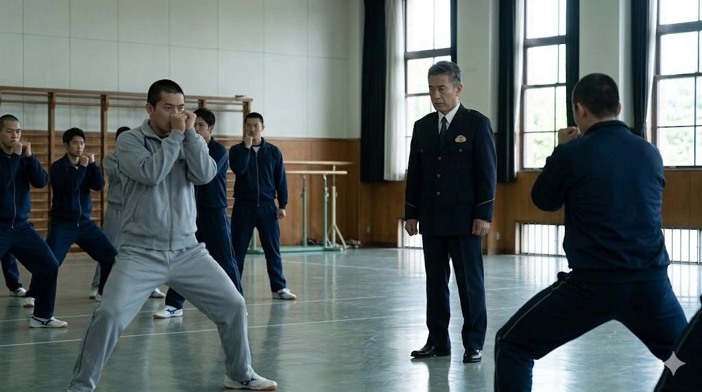 警察学校の体育館で、訓練に励む若い生徒たちを鋭い眼差しで見守る風間教官。