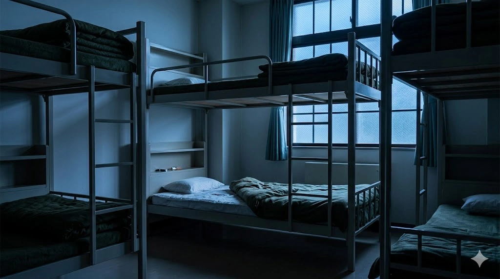 夕暮れ時、静まり返った警察学校の生徒寮の一室。整然とした室内だが、どこか不穏な空気が漂う。