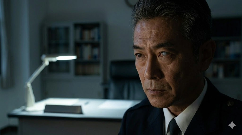 深夜の執務室で、自身の右目の異変に気づき、静かに苦悩する風間教官の横顔。