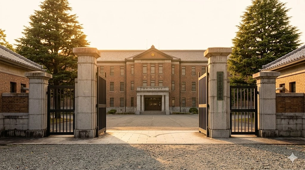 朝日に照らされる警察学校の校庭と校舎。物語の終わりと新たな始まりを予感させる静かな風景。