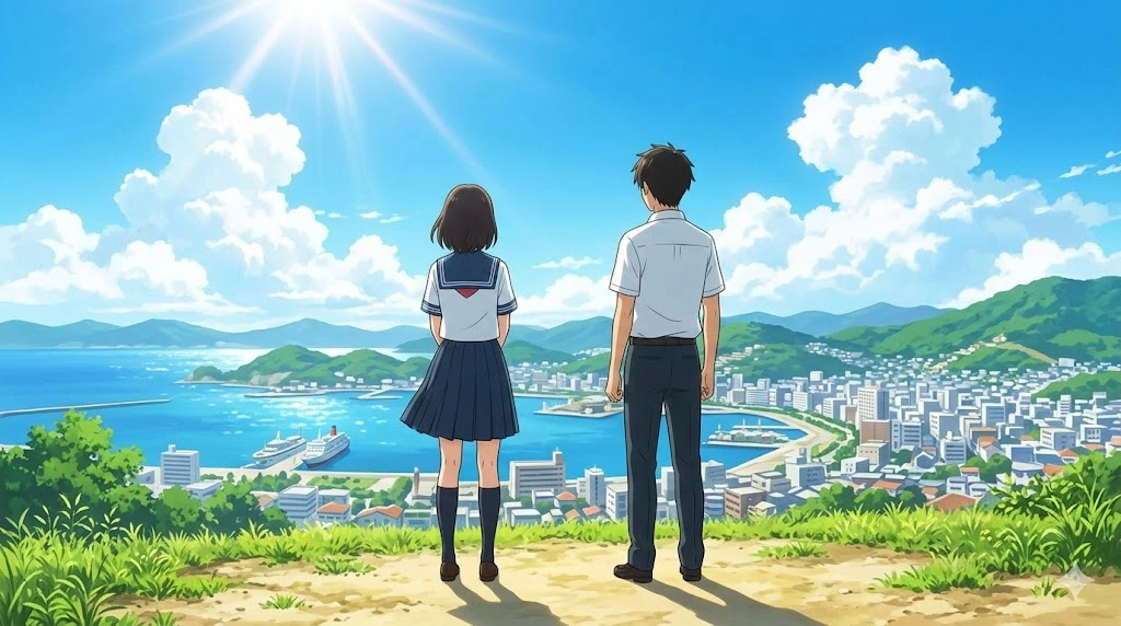 長崎の丘の上で、港を見下ろす高校時代の颯と愛の純粋な初恋の風景