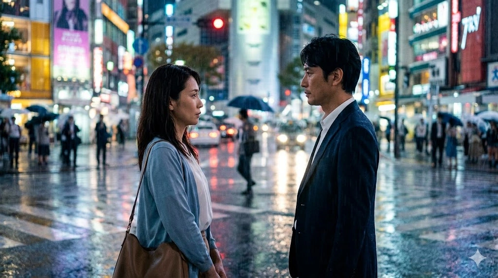 東京の雨の夜、偶然の再会を果たす大人になった尾崎颯と久遠愛