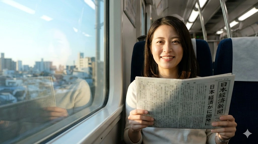 通勤電車で日経新聞の連載を楽しむ女性（連載終了を寂しがりつつ単行本を待つイメージ）
