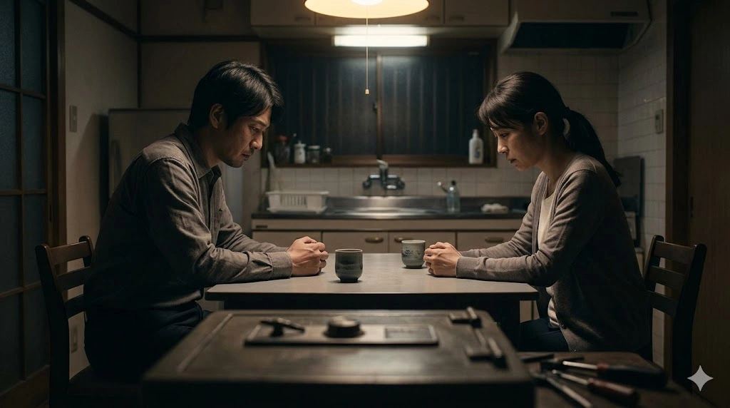 白石一文「星と泥棒」の、罪悪感に押しつぶされそうな日本人男女。薄暗いキッチンテーブルで静寂の中、身を寄せ合う二人の複雑な関係性。