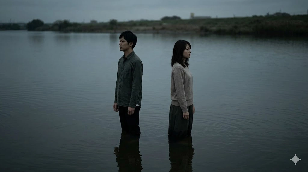 白石一文「川底の二人」のメタファー。冷めきった感情と共通の「欠落」を抱え、薄暗く深い川の底のような水辺に、互いに背を向けて佇む日本人男女。