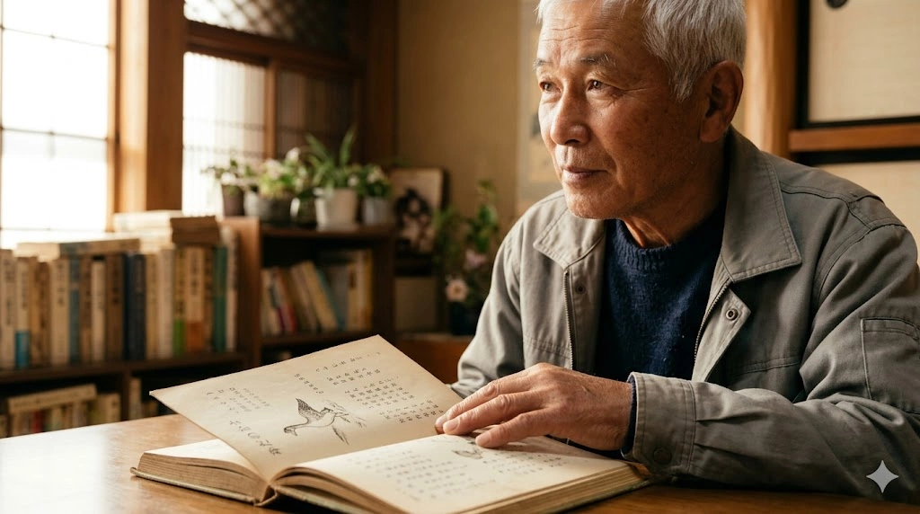 木の机の上で開かれた古い教科書を、静かに見つめる白髪の日本人男性の横顔。教科書にはガンのイラストが描かれている。