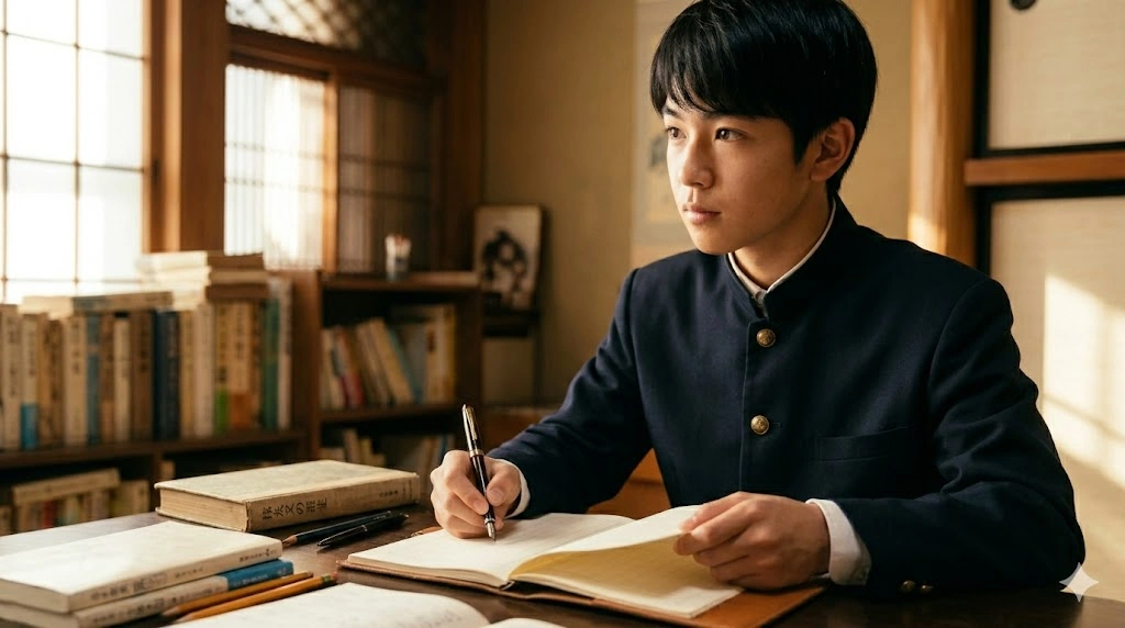 自宅の学習机に向かい、真剣な表情でペンを握り、膝の上の原稿用紙を見つめる日本の男子高校生。制服を着用しており、思索にふけりながら読書感想文を執筆している。傍らには古い教科書が置かれている。