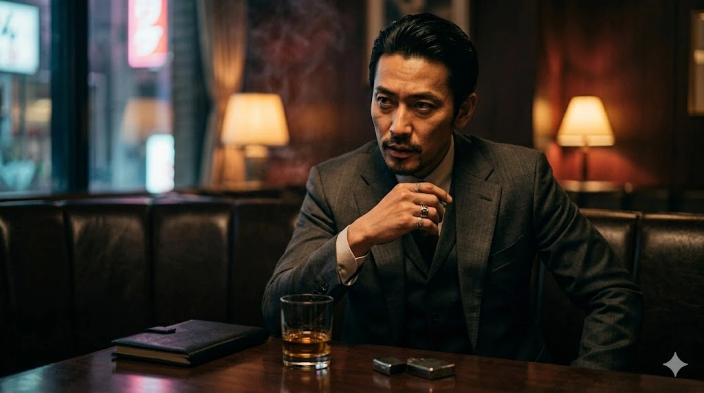 薬丸岳の小説『ハードラック』に登場する、冷徹で計算高い裏社会のキーパーソン、森下の人物像をイメージした、薄暗い東京のバーで鋭い眼光を向ける男性のポートレート。