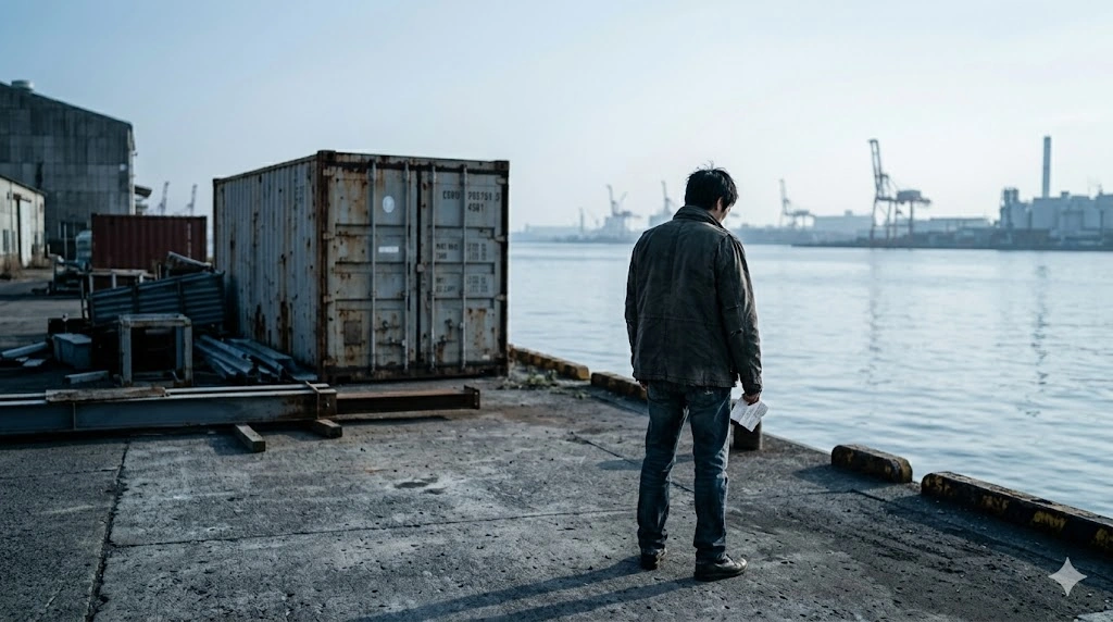 薬丸岳の小説『ハードラック』のビターな結末を象徴する、夜明け前の静かな東京湾の埋立地で、孤独にたたずむ主人公の背中。