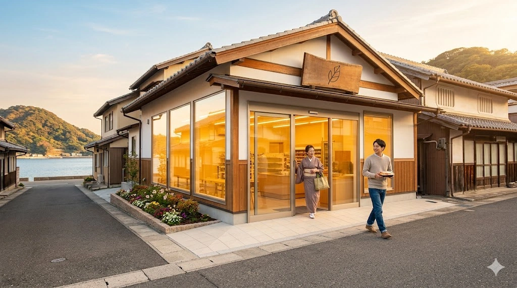 福岡県北九州市の門司港にある、温かみのある光が漏れる和風のローカルコンビニ「テンダネス門司港こがね村店」の外観。地域の人々が笑顔で行き交う「心のオアシス」としての雰囲気を表現した、16:9のアスペクト比の横長画像。