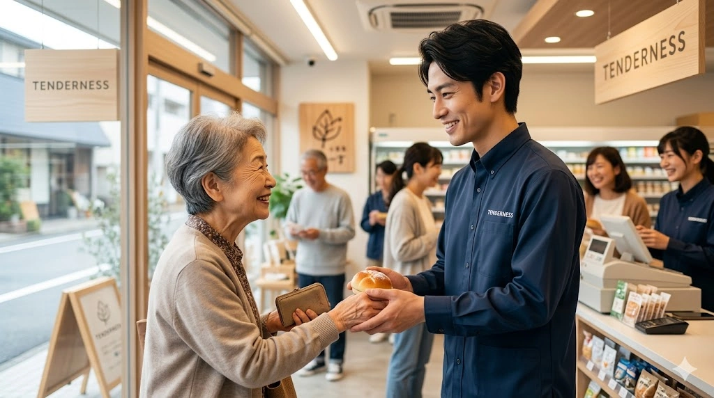 テンダネス門司港こがね村店のレジカウンターで、老若男女を籠絡する「魔性のフェロモン」を垂れ流す超イケメン店長の志波三彦（ミツ）が、来店した高齢の女性客に優しく接し、彼女の本音を引き出している瞬間。16:9のアスペクト比の横長画像。