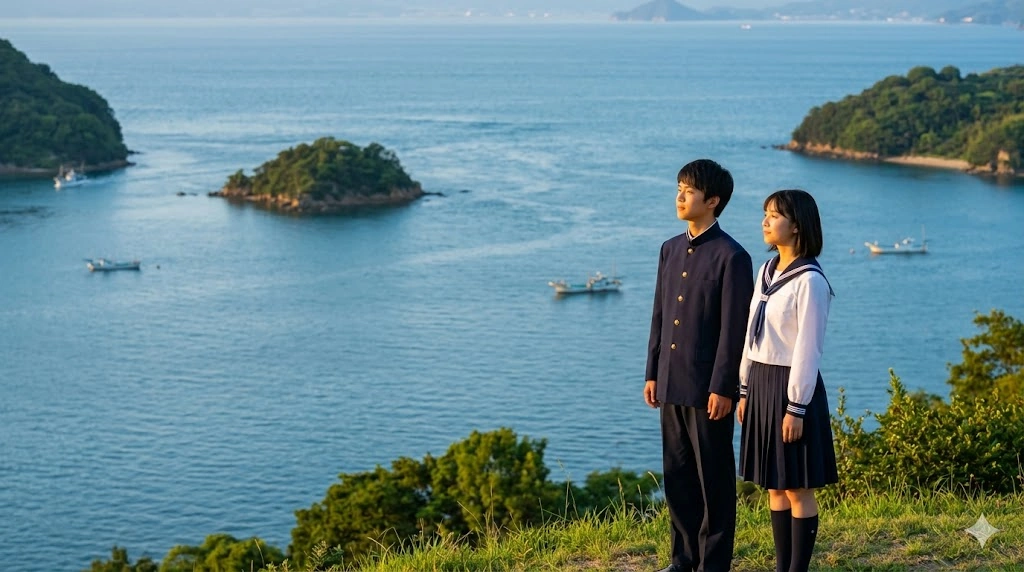 瀬戸内海の美しい夕景を背景に、高台から海を眺める制服姿の日本人の少年と少女。物語の舞台となる島の情緒的な風景。