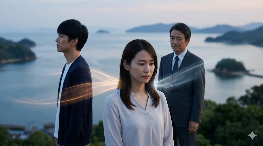 暁海、櫂、そして北原先生を象徴する、複雑な絆と心理的距離感を表現した日本人の男女三人のイメージ。