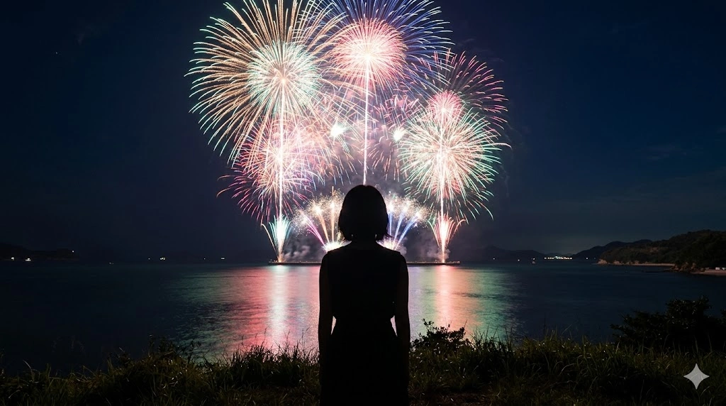 瀬戸内の夜空に打ち上がる大輪の花火と、それを一人で見つめる女性のシルエット。物語のクライマックスを象徴するシーン。