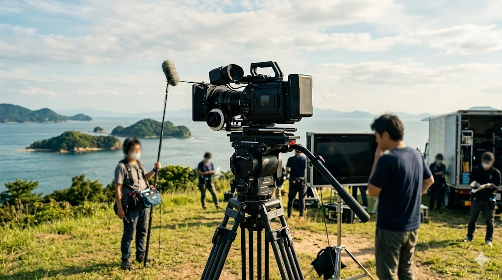 瀬戸内海のロケ地で撮影準備が進む、実写映画『汝、星のごとく』の制作現場をイメージしたプロ仕様の映画カメラ。
