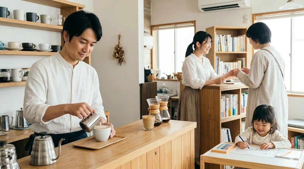 穏やかな日常を象徴する、ブックカフェで仲睦まじく過ごす家族（夫、妻、娘）の幸せな光景。