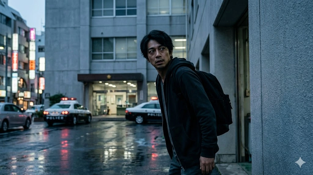 警察の追跡を逃れ、夜の都会の路地裏を警戒しながら移動する主人公。その表情は緊迫し、孤独な逃亡生活を感じさせる。