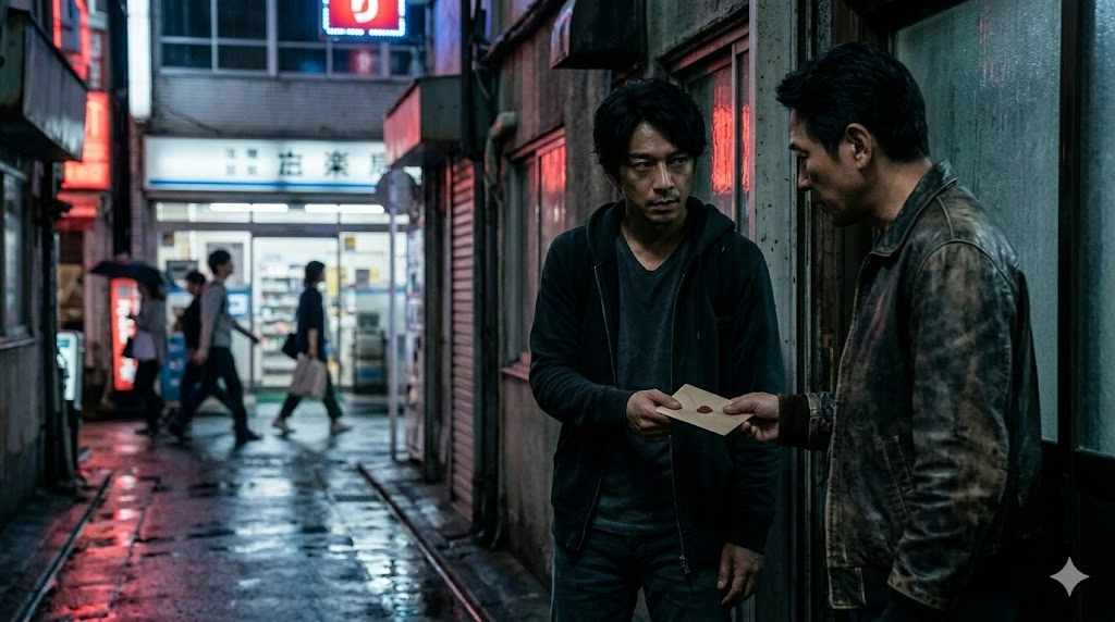 独り都会の路地裏に立ち、複雑な過去を思い返す主人公。その手には古びた日本の戸籍謄本が握られており、彼の苦悩が伝わってくる。