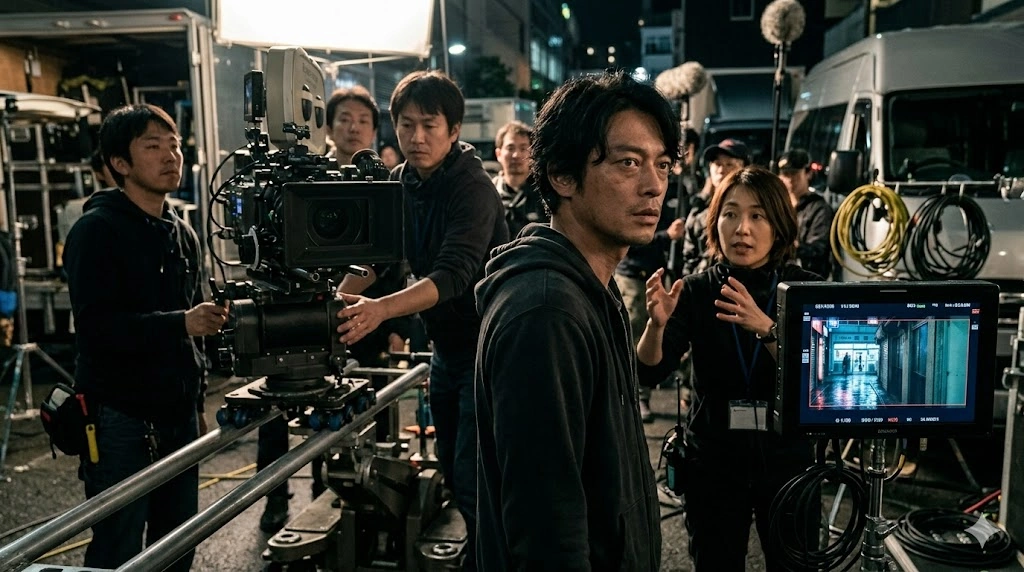 映画の撮影現場を思わせる、緊迫した雰囲気の中で演技に臨むアジア人の俳優（主人公役）。カメラマンやスタッフが周囲を取り囲み、真剣な眼差しでクランクインを待つ。