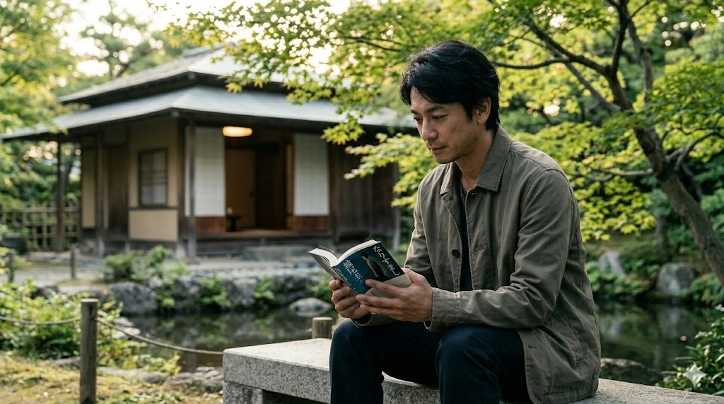 全ての事件が解決した後、静かな日本の庭園で、穏やかな表情で小説『なりすまし』を読み終える主人公。その表情にはカタルシスと未来への希望が感じられる。