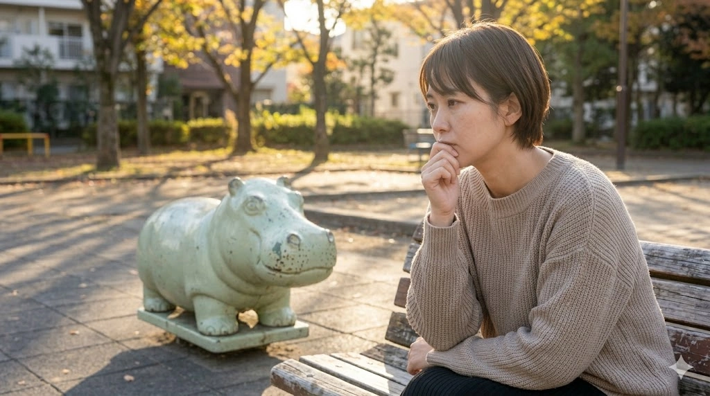 日の出公園のベンチに座り、口元に手を当てて考え込む日本人の女性（紗和）。背景には古ぼけたカバヒコ（カバの遊具）が見え、夕暮れの光が孤独感を強調している。