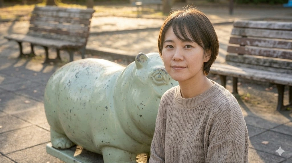 日の出公園で、傷だらけのカバヒコ（カバの遊具）の横に立つ日本人の女性（第2話の紗和）。彼女は穏やかな表情で、前向きに遠くを見つめている。夕暮れの温かい光が彼女を包んでいる。