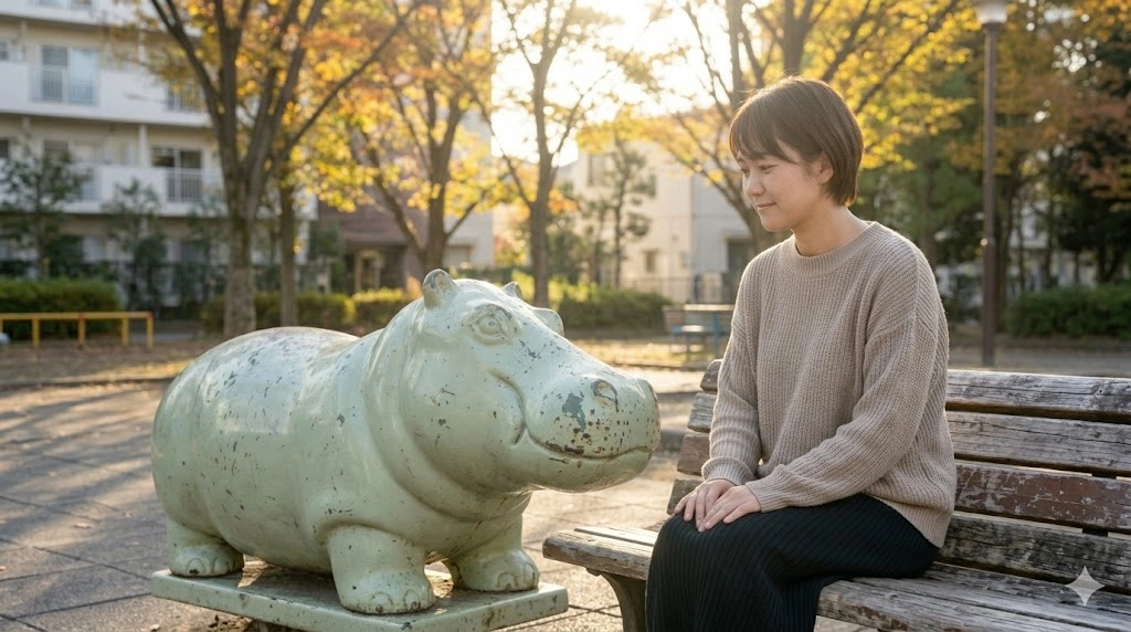 夕暮れの温かい光に包まれた日の出公園。古ぼけたカバヒコ（カバの遊具）と、その横のベンチに座る日本人女性（紗和）の全体像。二つの存在が静かに寄り添い、修復と平穏を感じさせる。