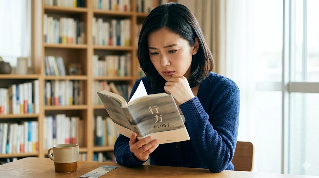 ミステリー小説「行方」を真剣な表情で読む日本人女性読者。