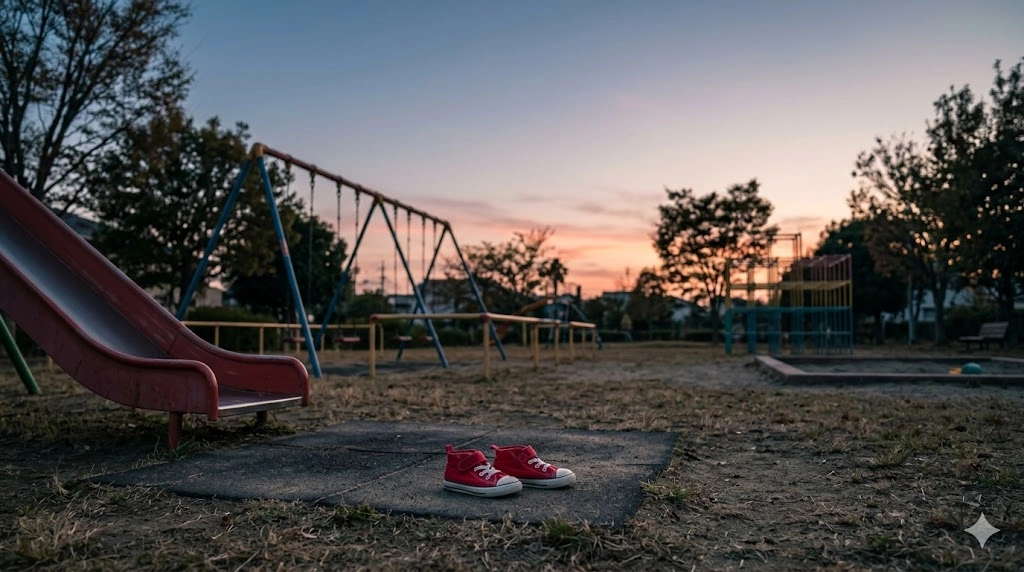 夕暮れ時の日本の公園に置かれた、持ち主のいない子供の靴。