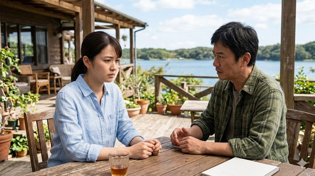 ペンションのテラスで、複雑な表情を浮かべながら話し合う楓と誠司。