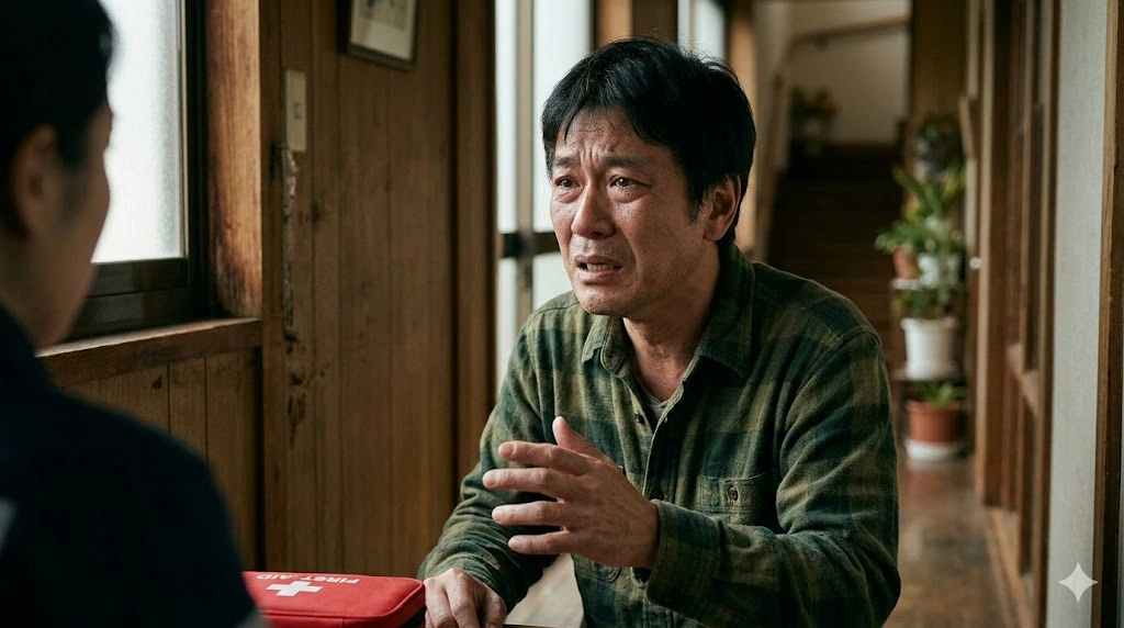 緊迫した状況下で、苦悩に満ちた表情で救急隊員に語りかける誠司。