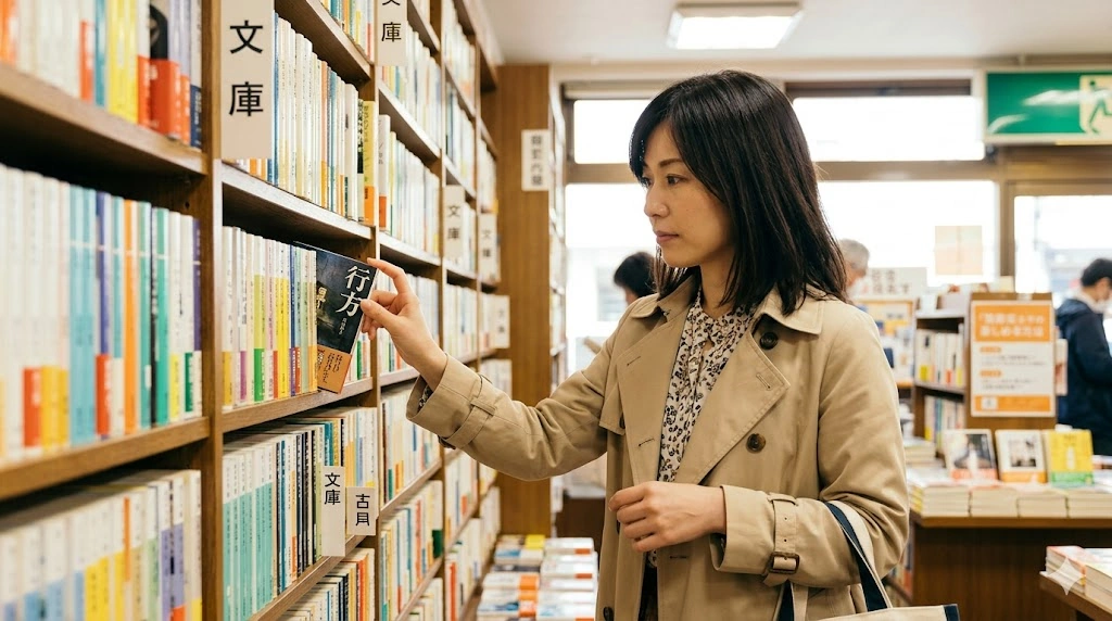 日本の書店にて、文庫本コーナーで「行方」を探す日本人女性客。