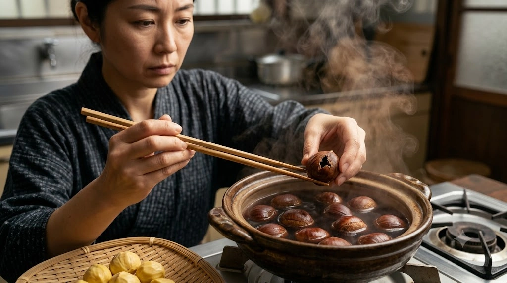 古びた日本の台所で、複雑な愛憎を抱えながら、不倫相手の妻のために栗の渋皮煮を作る日本人女性の手元のアップ。湯気の中に、物語の象徴である「くろい穴」の空いた栗が一つだけ混ざっている。