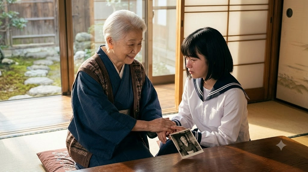 柔らかな日差しが差し込む日本の伝統的な和室で、失恋に傷ついた女子高生の手を優しく包み込み、温かい言葉で彼女の未来を肯定する、知恵と慈愛に満ちた日本人のおばあちゃん。二人の精神的な絆を描いた16:9の静かなワンシーン。