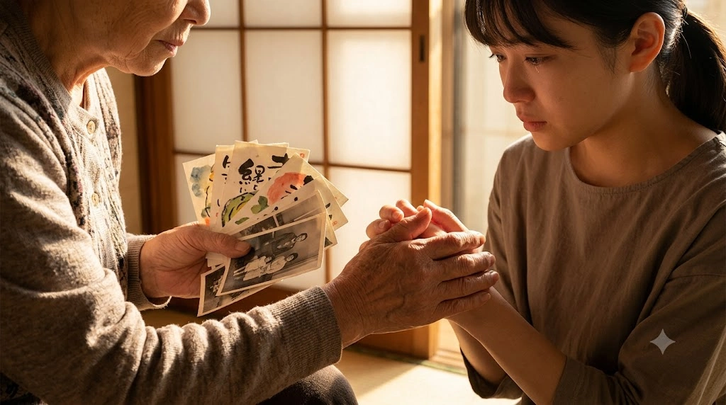 「あなたはここにいなくとも」のテーマである記憶の継承を描いた象徴的な一枚。夕暮れの和室で、年老いた日本の女性の手が、擦り切れた絵手紙と古い写真を握りながら、迷いを抱える若い女性の手を優しく包み込んでいる。窓から差し込む温かい光が、喪失の中にある救済を表現している。